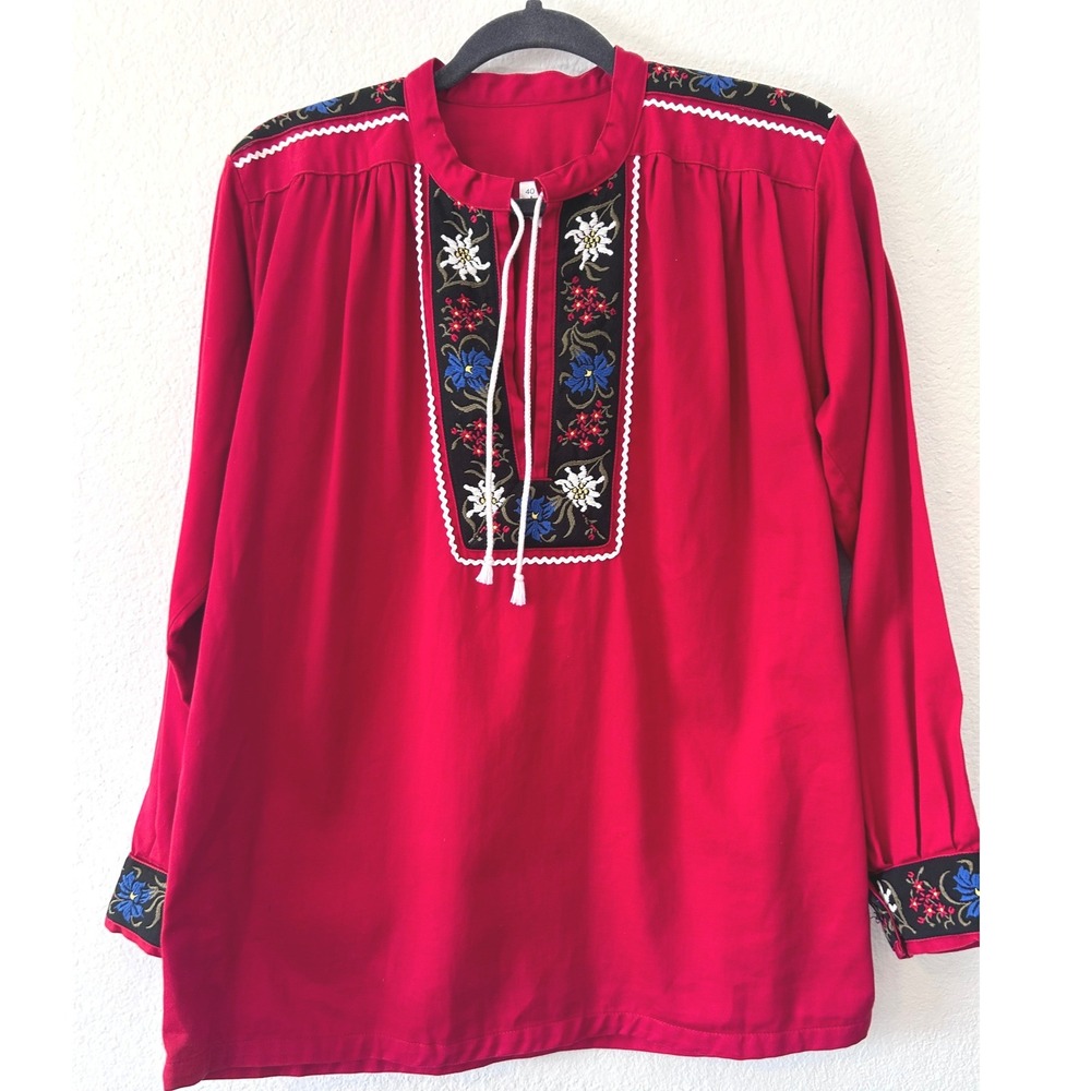 Vintage Folk Embroidered Red Alpine Peasant‎ Cottagecore Top SZ 40 (see msrmt))